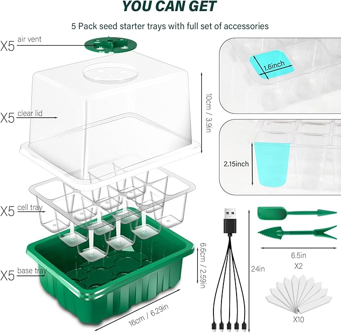 Seed Starter Tray with Grow Light, 5 Pack/60 Cells Seed Starter Kit, Seedling Starter Trays with Dome, Heightened Lids for Greenhouse Seeding Planting Growing (Green).