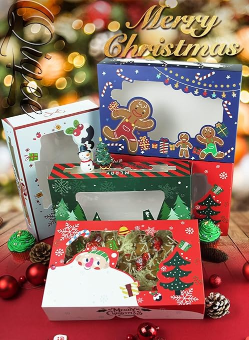 qiqee Christmas Cookie Boxes for Gift Giving 8x5.3x2 inch 50Packs Christmas Bakery Box with Window Treat Box for Donuts Candies and Biscuit