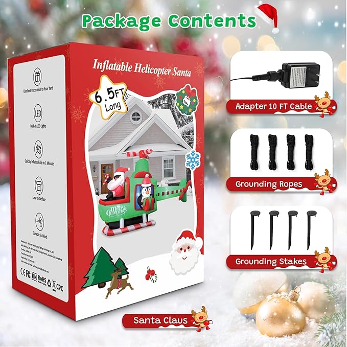 FunFanso 6.5FT Christmas Inflatable Santa Claus on Helicopter Outdoor Decorations with Bright LED Lights, Christmas Blow Up Santa Flying Airplane with Penguin for Xmas Decor Lawn Yard Holiday Party