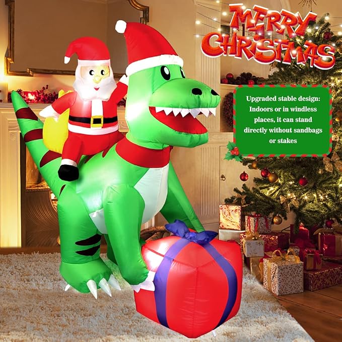 5 Ft Christmas Inflatable Dinosaur with Santa, LED Lights, Indoor Outdoor Holiday Yard Decor, Green T-Rex with Gift Box