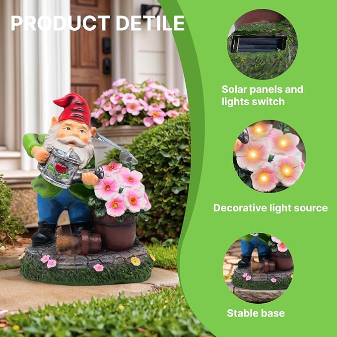 Garden Gnome Statues Decor with Solar Lights, Outdoor Decorations for Yard Porch Lawn Balcony Patio, Housewarming Gifts
