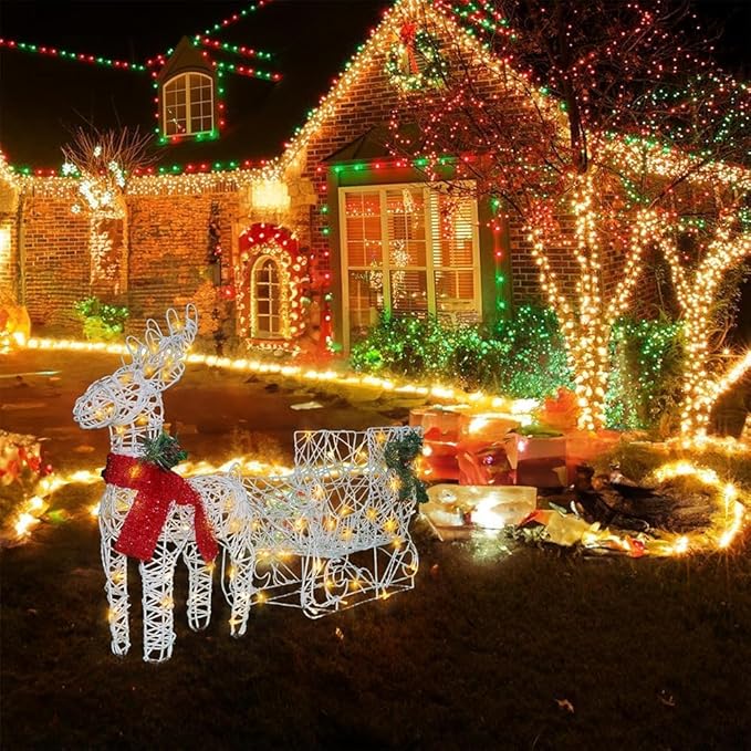 Lighted Reindeer & Sleigh Christmas Decor, 17" Pre-lit Rattan Deer 3D Holiday Displays, 70 Warm White LED, Indoor/Outdoor Yard Decoration, Easy Assembly & Durable Frame, White