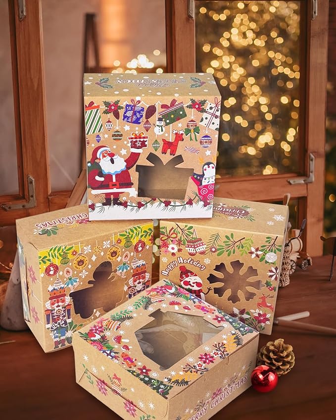 qiqee Christmas Treat Boxes with Window 36pcs 6x6x3 Brown Kraft Bakery Cookie Boxes Small Donut Pastry Boxes for Holiday Gift-giving Party Supply