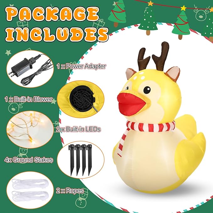 Leyndo 5ft Christmas Inflatables Decoration Outdoor Inflatables Duck with Build-in LEDs Lights Giant Blow up Duck Wear Christmas Reindeer Costume for Mall Garden Patio Lawn Indoor Party