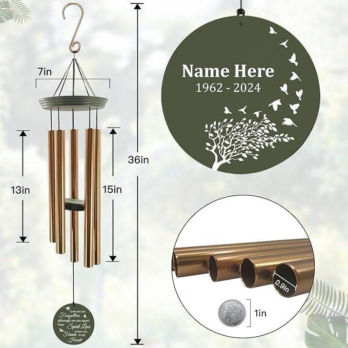 Sympathy Wind Chime Personalized, 36inch Memorial Gifts Wind Chimes in Loving Memory, Loss of Loved Mom/Dad, Sympathy Gifts Wind Chimes for Funeral Outside Decor (Produced in USA)