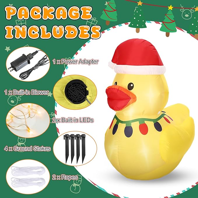 Leyndo 1 Set 5FT Christmas Inflatables Decoration Outdoor Inflatables Duck with Build-in LEDs Lights Giant Blow up Duck Wear Classic Christmas Hat for Mall Garden Patio Lawn Indoor Party
