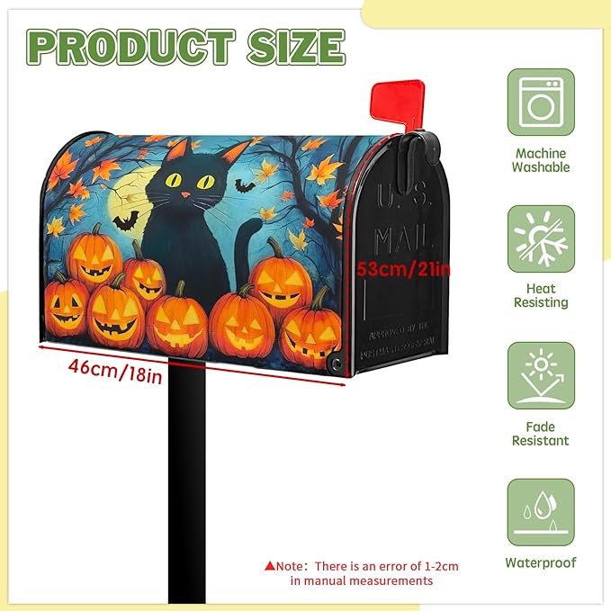 Black Cat Mailbox Covers Magnetic Standard Size 21x18 inch Halloween Pumpkin Mailbox Cover Fall Autumn Pumpkins Maple Leaf Mail Box Wraps for Garden Outdoor Yard Decor