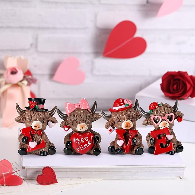 Sosation 4 Pcs Love Highland Cow Figurines Valentines Day Highland Cow Gnomes Heart Scottish Resin Statue Calf Lovers Gifts for Home Garden Kitchen Office Tiered Tray Table Decor