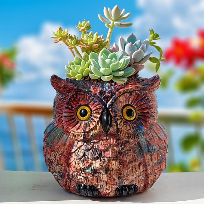 Owl Planter, Owl Succulent Pots, Owl Flower Pot, Owl Statue Decor, Cute Plant Pots Indoor/Outdoor, Animal Bird Planters with Drainage, Owl Vase Gifts for Women Mother Teacher, Pen Brush Holder Brown