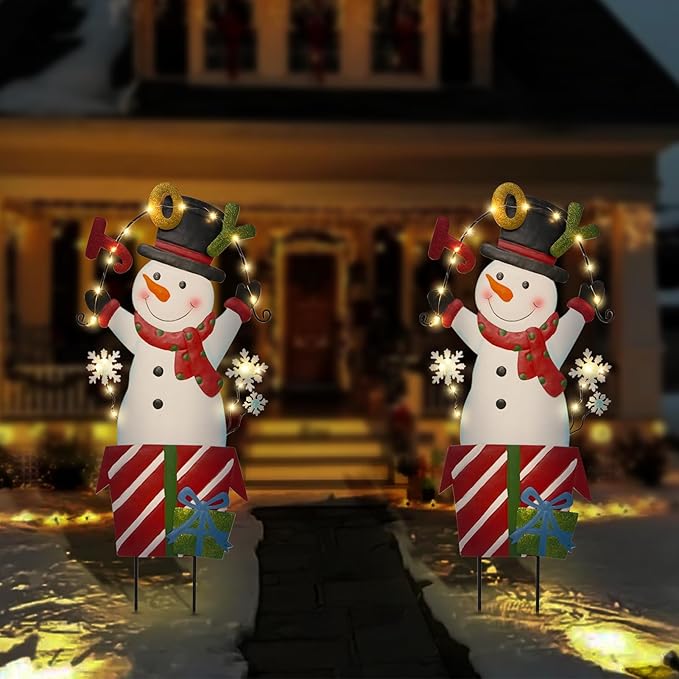 Christmas Outdoor Yard Signs Decorations, LED Solar Metal Garden Stake Lights with Joy for Patio Lawn Christmas Decor (Snowman)