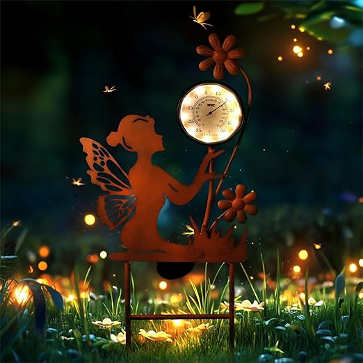 HONGLAND Solar Outdoor Temp Stakes Outdoor Thermometers for Outside Metal Fairy Waterproof Patio Lawn Temperature with Solar Warm LED Lights for Yard and Garden, Holiday Gifts for Woman