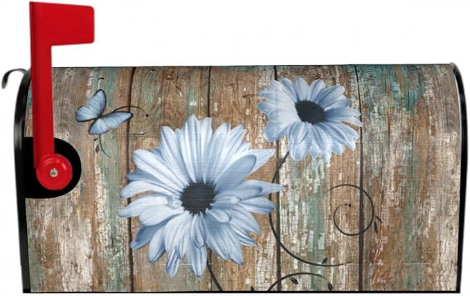 Rustic Daisy Board Mailbox Cover Magnetic, Blue Sunflowers Vintage Wood Grain Plank Mailbox Wrap Letter Post Box Cover for Yard Garden Outside Home Decor, Large Size 25.5x21 Inch