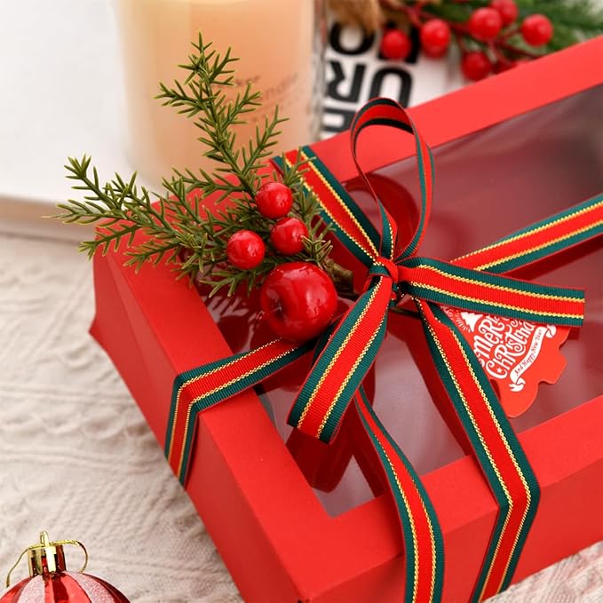 12 Pack Christmas Gift Boxes with Clear Window, Red Christmas Gift Boxes with Ribbon, Pine Sprigs & Berry Decorations for Holiday Wrapping, 8.7x5.9x2.8 Inch (white)