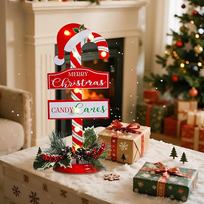 Vigdur Christmas Candy Cane Decoration - 16" Pre-Lit Metal Candy Cane Table Ornament with LED Lights & Timer, Battery Operated Light Up Christmas Sign for Indoor Mantel Shelf Holiday Home Décor