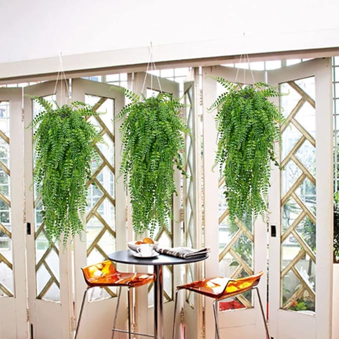 SzJias Artificial Hanging Plants Fake Plants Ferns Faux Hanging Plants for Patio Porch Outdoor Plants Decor (6 Pcs)
