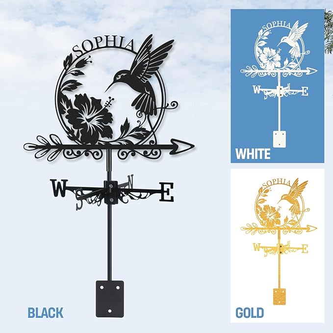 Personalized Hummingbird Metal Weather Vane, Custom Name Weathervane, Wind Direction Indicator, Weather Vanes Roof Mount, Wind Vane Garden Decor for Outside Farmhouse Yard, Customized Gifts
