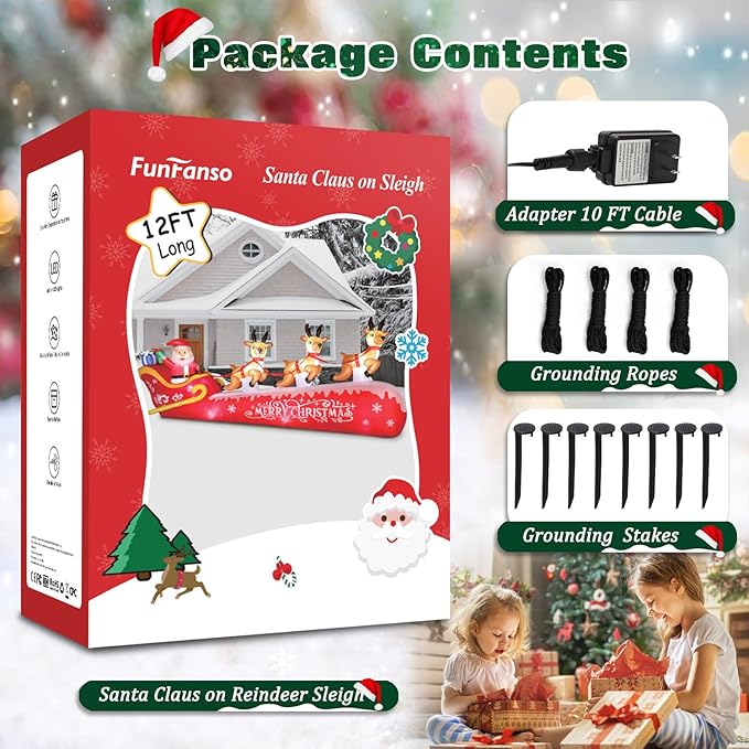 FunFanso 12FT Christmas Inflatable Santa Claus on Sleigh with 3 Reindeers Outdoor Decorations, Giant Christmas Blow Up Yard Decorations with Bright LED Lights for Lawn Street Garden Xmas Holiday Party
