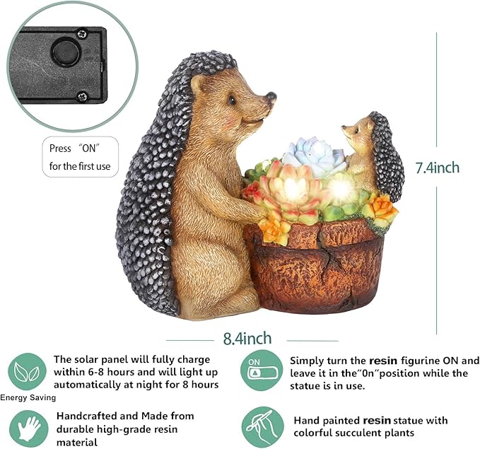 Succulent Hedgehog Garden Statues with Solar Lights Garden Gifts for Women Mom Lawn Ornaments for Patio Yard Decor