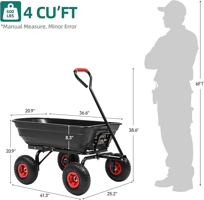 Garden Carts-600lbs Wagon Wheelbarrows with 4 Anti-Slip Tires & Quick-Release Dumping,Heavy Duty Utility Garden Dump Cart for Yard,Landscape and Christmas Hauling