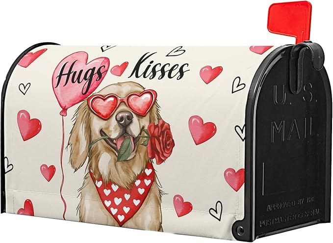 Valentine Mailbox Covers Magnetic Pink Love Heart Mailbox Cover Standard Size 21x18 Inch Golden Retriever Decorative Mailboxes for Outside Garden Yard