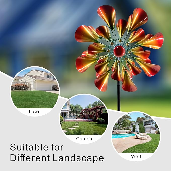 Outdoor Wind Spinner with Garden Stake 88.58" Metal Two-Way Wind Sculptures Solar Color Changing Lights Large Windmills for Garden,Patio,Yard,Lawn Decor Gifts Trumpet