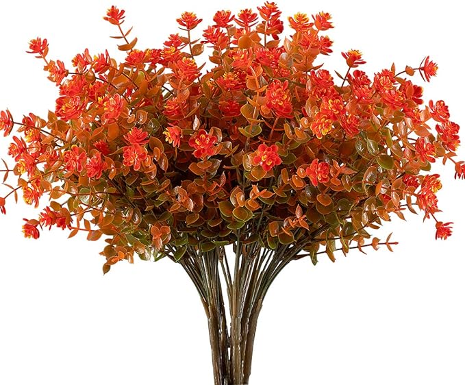 Happylife 6 Bundles Artificial Flowers, Fake Artificial Greenery UV Resistant No Fade Faux Plastic Plants for Wedding Bridle Bouquet Indoor Outdoor Home Garden Kitchen Office Table Vase (Orange Red)