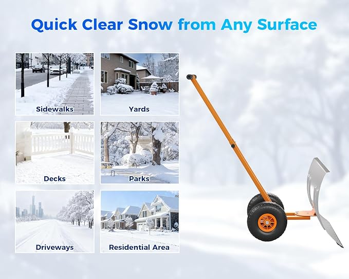 Garvee 29" Snow Pusher Shovel with Wheels,Heavy Duty Steel Snow Shovel with Wheels,Angled Blade Efficient Snow Removal With5-Position Angled Blade & Adjustable Handle for Doorway, Sidewalk, Silver