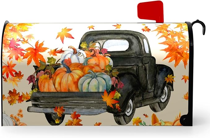 Fall Harvest Mailbox Covers Magnetic Large Size Thansgiving Pumpkin Mailbox Post Cover Maple Leaves Truck Waterproof Mailbox Wraps Mail Cover for Garden Yard Oversized 25.5 X 21 Inch