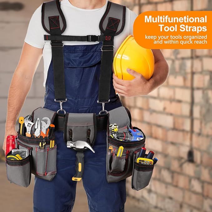 Tool Belt with Suspenders, Professional Tool Belt for Men, 18-Pocket Adjustable Heavy Duty Tool Organizer for Electrician, Carpenter, Framer, Construction Worker, Gray & Orange (32''–66'')