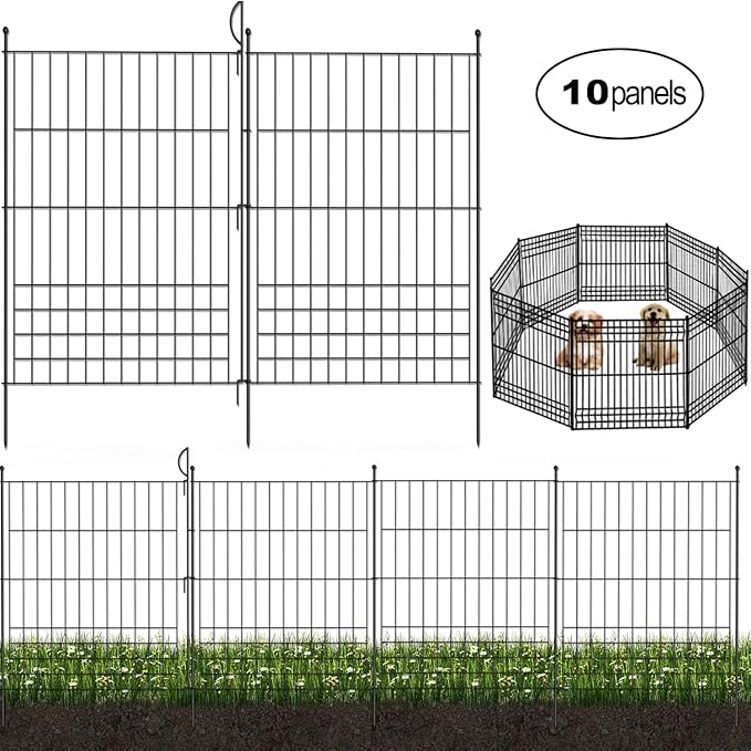 No Dig Fence Outdoor Dog Fences 10 Panels,32in (H) x 24.6 ft (L) Decorative Metal Garden Fence with Gate,Garden Fence Animal Barrier,Garden Fencing for Yard Rustproof