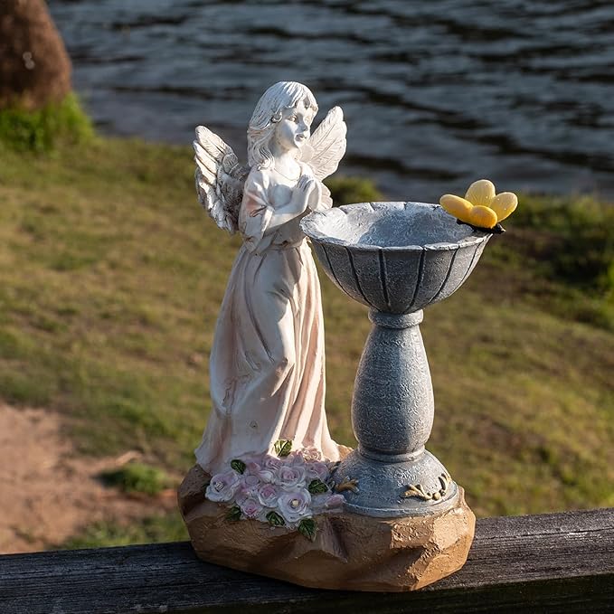 Natelf Solar Resin Angel Statue Outdoor Decor Figurine Garden Art with Glowing Flowers, Night Light for Patio, Ornament Yard Decorations for Patio Gift for Mom, Housewarming