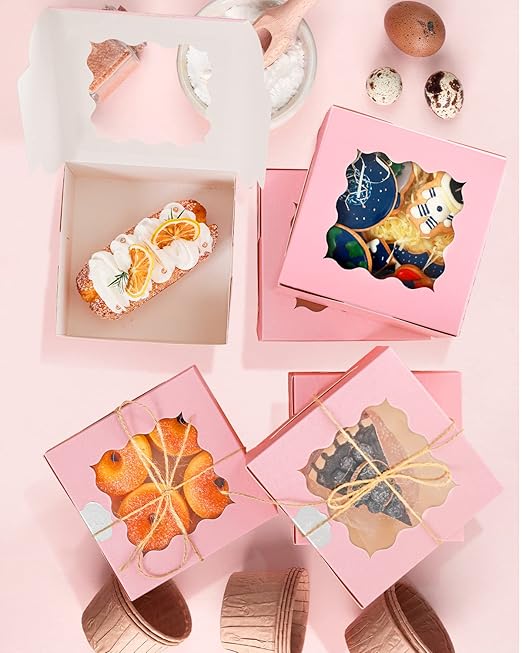 qiqee Pink Bakery Box with Window 100packs 6x6x3 Pink Cookie Boxes Pastry Box for Wedding Favor Birthday & Party