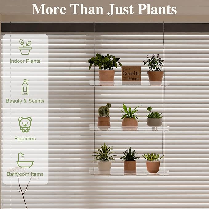 3-Tier Acrylic Window Plant Shelf, 16 Inch Wide Adjustable Hanging Shelf for Succulents, Seed Starters, Herbs, Microgreens