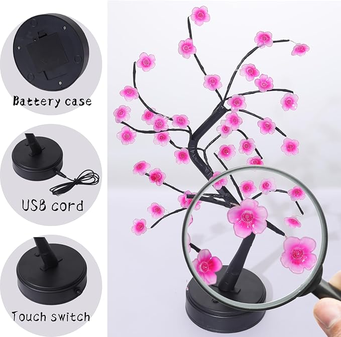 2 Cherry Blossom Bonsai Tree Lights, 36 LED Tree Lights, Japanese Style Decorative Batteries, and USB Plug-in Desktop Lighting Tree Lamps for Indoor Modern Home Decoration (Warm White)