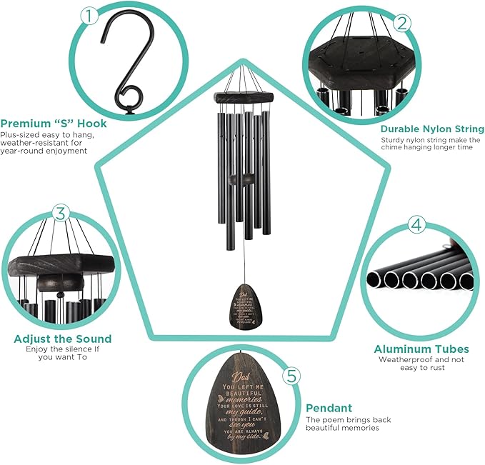 Sympathy Gifts for Loss of Dad 32" Memorial Wind Chimes for Loss of Father Bereavement Condolence Gifts Sympathy Windchimes in Memory of Father Dad Papa Butterfly Wind Chime with Cardinal Card