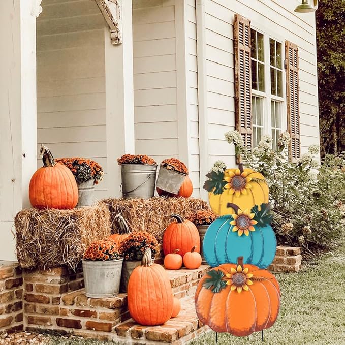 PHITRIC Fall Decorations for Home Outdoor, 3 Stacked Pumpkins Decorative Garden Stakes for Fall Decor, Metal Yard Signs for Outside Garden Yard Porch Lawn Thanksgiving Decorations