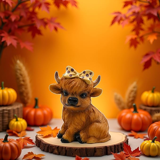 Highland Cow Figurine for Tie a Bow Decor, Highland Cows Themed Gifts for Women, Resin Figures Home Desk Decorations Accents (Brown) (1, Highland Cow Figurine(Brown))
