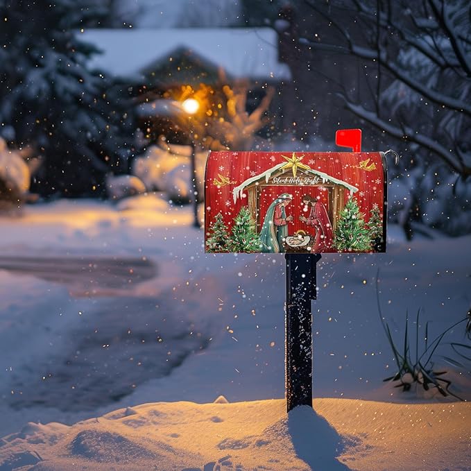 Christmas Mailbox Cover Holy Night Nativity Magnetic Mailbox Covers Religious Xmas Jesus Nativity Scene Decorative Post Letter Box Wrap for Winter Holiday Outdoor Yard Decor 21 X 18 Inch