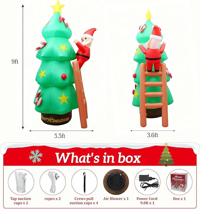 9FT Christmas Inflatables Decorations Santa Claus Climbing Ladder with Christmas Tree, Built-in Bright LEDs, for Yard Garden Lawn Home Party