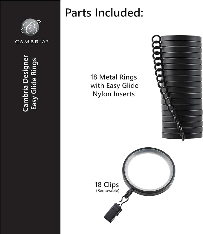 MODE Cambria Designer Series - Premium Easy Glide 18 Count Curtain Rings - Metal with Smooth, Quiet Nylon Inserts with Clips - 2 inch Diameter (1-5/8 inch Inside Diameter) - Brushed Gold