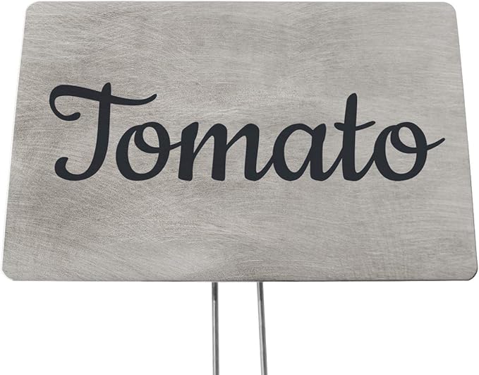 Outdoor Metal Garden Sign, Label, or Memorial. 4 x 2" or 6 x 4" sign with rounded corners and a 10" stake. Materials Include: Stainless Steel, Brass, Copper, Bronze and Titanium. (Titanium, 4 x 6")