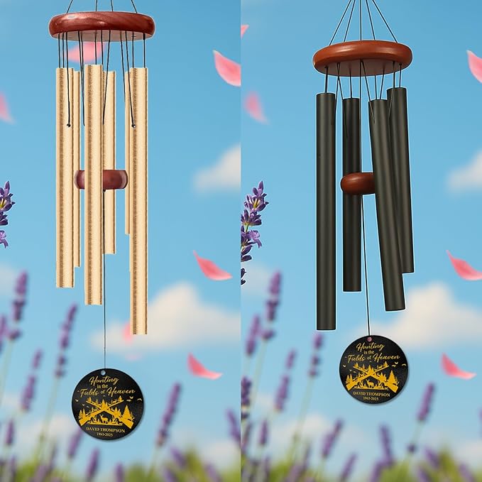 Personalized Hunting Memorial Wind Chime – “Hunting in The Fields of Heaven” Custom Name & Years – Outdoor Remembrance Gift for Hunters – Engraved Sympathy Windchime for Loss of Loved One