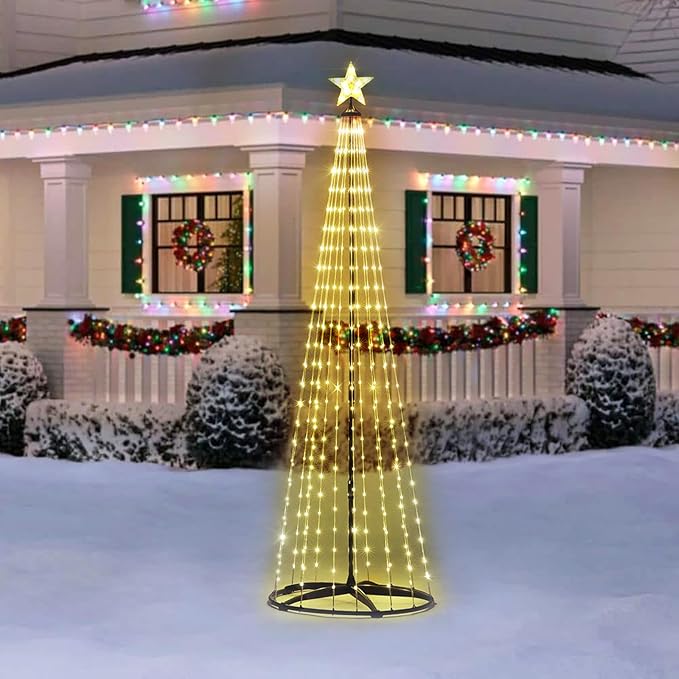 SUNNYPARK Christmas Outdoor Lighted Trees 7FT Prelit Christmas Cone Tree with 310 LEDs 8 Lighting Modes and Timer for Indoor Outdoor Xmas Porch Lawn