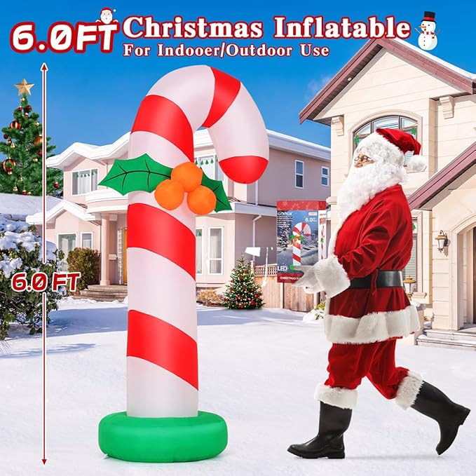 GOOSH 6 FT Christmas Inflatables Candy Cane Outdoor Decorations Blow Up Yard Candy Cane with Built-in LEDs for Holiday Xmas Garden Lawn Decor