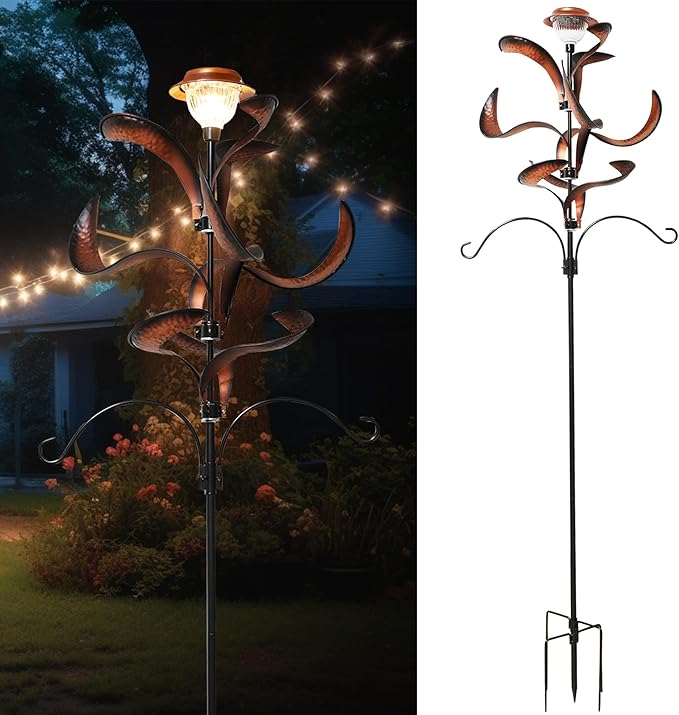 81" Metal Wind Spinner with Solar LED Light & Hanging Hooks - Rustic Copper Finish Kinetic Yard Art for Garden, Patio, Lawn - Outdoor Decor Stake