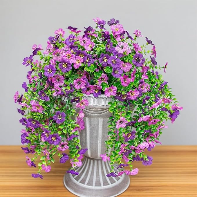 Artificial Hanging Plants Flowers Fake Outdoor Plants Artificial for Porch Hanging Faux Flowers Outdoor Home Porch Decor (2Pcs, Double Purple)