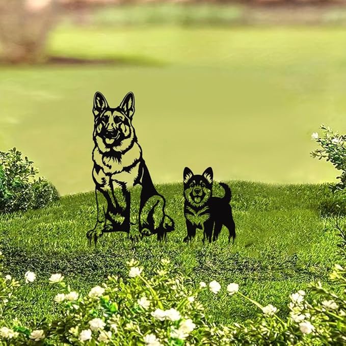 Metal Garden Dogs German Shepherd Stakes(2 Pack), German Shepherd Garden Statue for Women/Men Dog Lovers Gifts for Lawn Ornaments, Garden Decorations, Yard Art