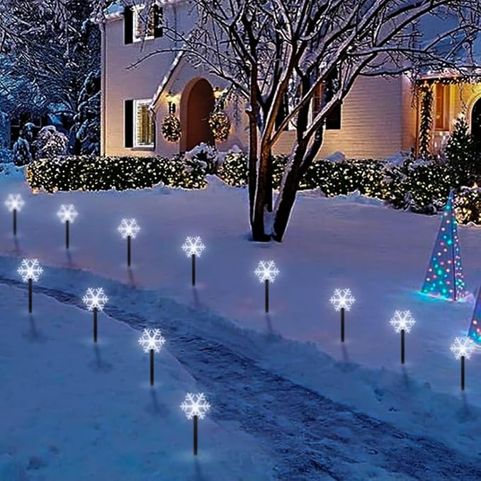 BRIGHTDECK Snowflake Solar Christmas Decorations Outdoor, 10 Pack LED, Waterproof Snowflake Pathway Lights, Stake Lights for Christmas Garden Decor (10Pcs Cold White)