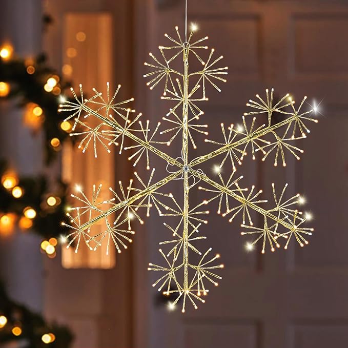 Hanging Christmas Snowflake Lights, 30’’ Large Golden Snowflake with 240 Warm White LEDs Twinkle for Indoor Outdoor Decorations