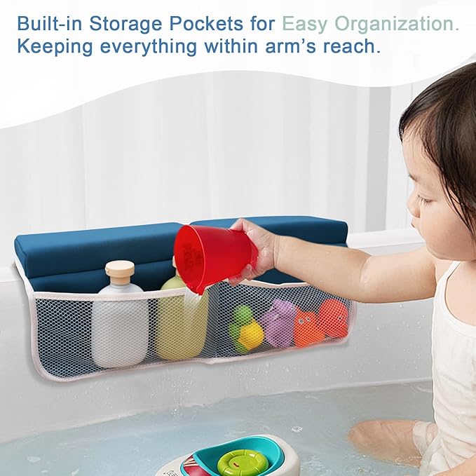 Roslim Bath Kneeler and Elbow Rest Pad Set - Non-Slip Knee& Arm Support Bathtub Mat with Organizer Pockets, Quick Drying, Foldable, Non-Slip Kneeling Pad for Parents, Blue
